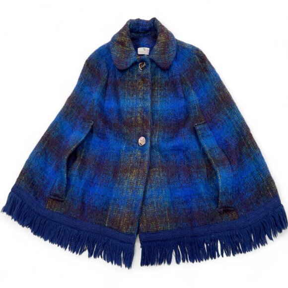The Scotch House Blue Wool Mohair Tartan Plaid Button Cape Wrap Jacket - Picture 1 of 11